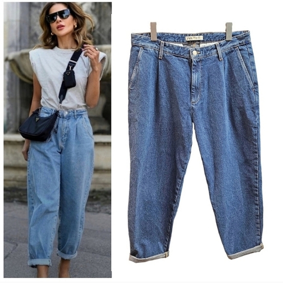 Zara Denim High Waisted Pleated Mom Boyfriend Medium Wash Cropped Jeans 34 - Picture 1 of 13